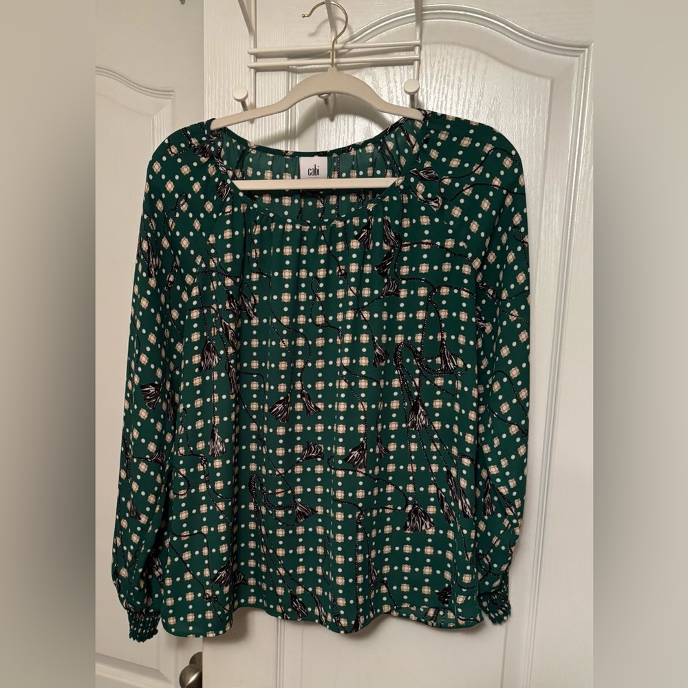 CAbi Green and Black Patterned Blouse